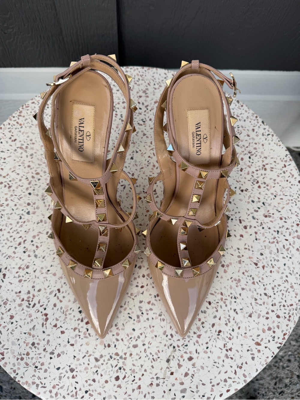 Valentino Nude Patent Leather Rockstud T-Strap Heels